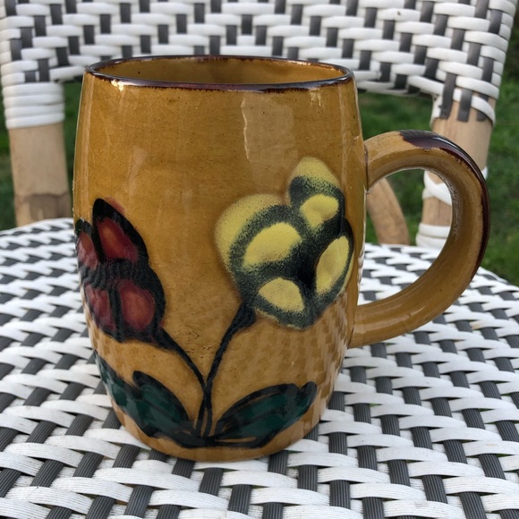Vintage earthenware ceramic clay mug tan brown glazed red yellow flower tulips